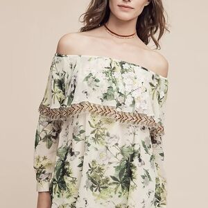 Anthropologie Green and White Ruffled Off-the-Shoulder Blouse